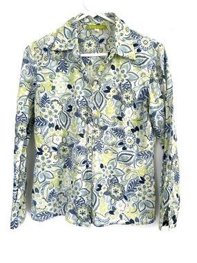 Sigrid Olsen Women’s 100% Linen Multicolor Button-Up Shirt Long Sleeve Green